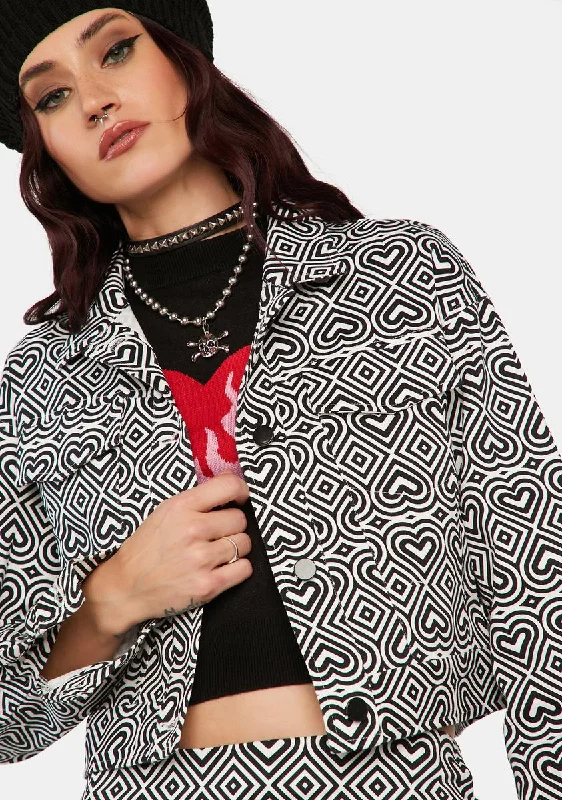 Stylish Women's Garments For Holidays Martha Mono Heart Print Crop Trucker Jacket