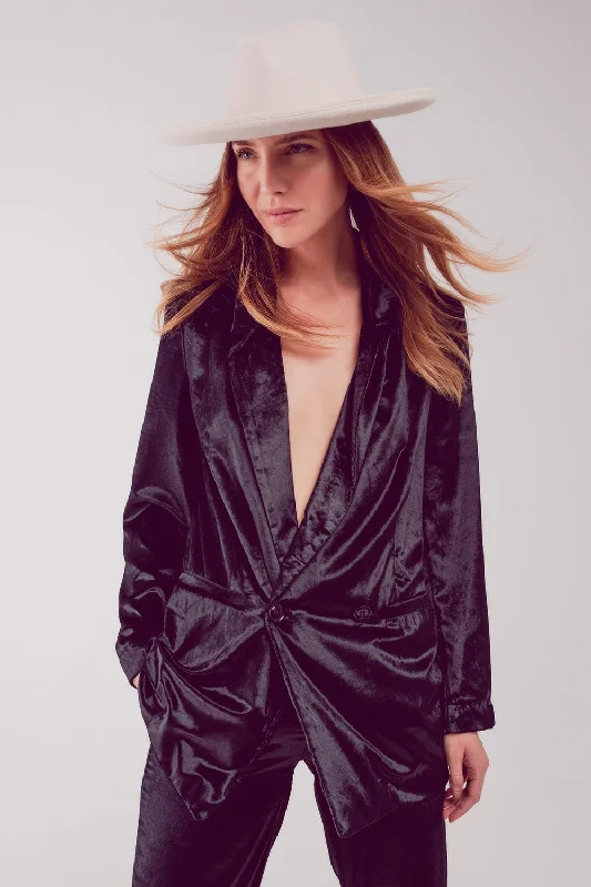 Women's Clothing Apparel Hot Girl Midnight Hour Velvet Oversized Blazer Jacket In Black