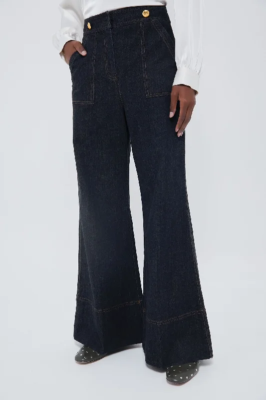 Women's Vacation Outfit Dark Denim Wide Leg Palladian Pant