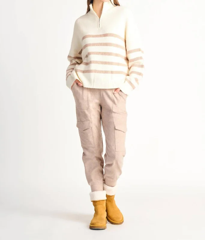 Affordable Trendy Clothes For Women Half Zip Stripe Sweater In Natural