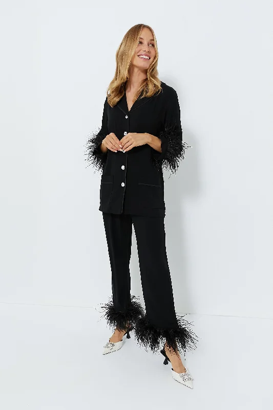 Classic Clothes For Women Black Party Pajama Set with Feathers