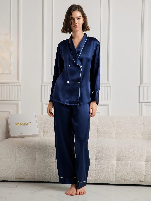 Women's Evening Apparel Pure Silk Binding Trim Long Sleeve Pyjama Set