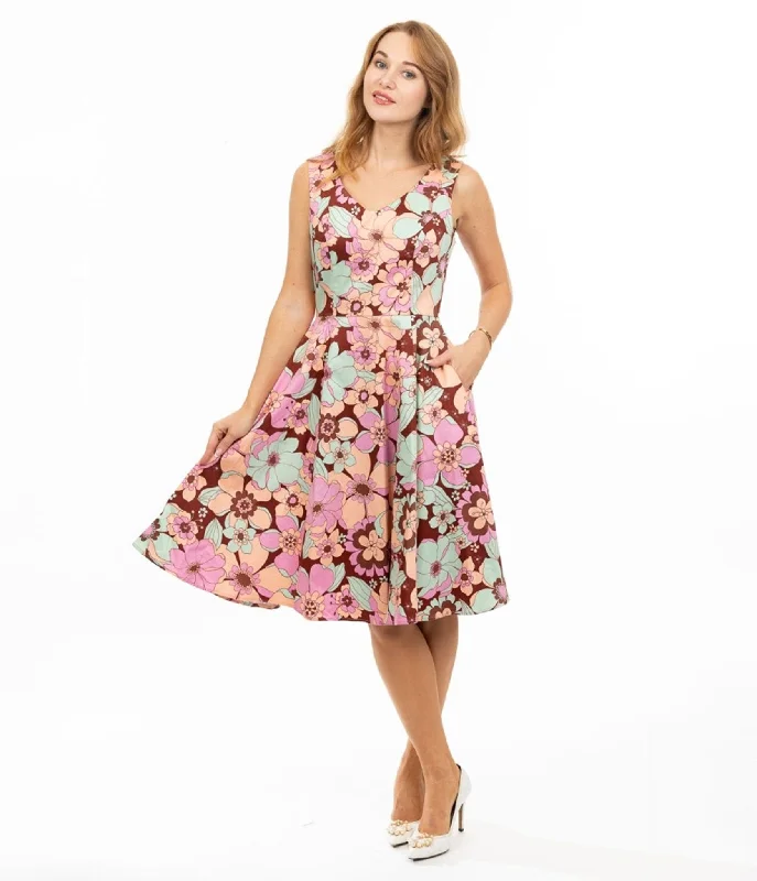 Women's Clothes Burgundy & Pastel Florals Swing Dress