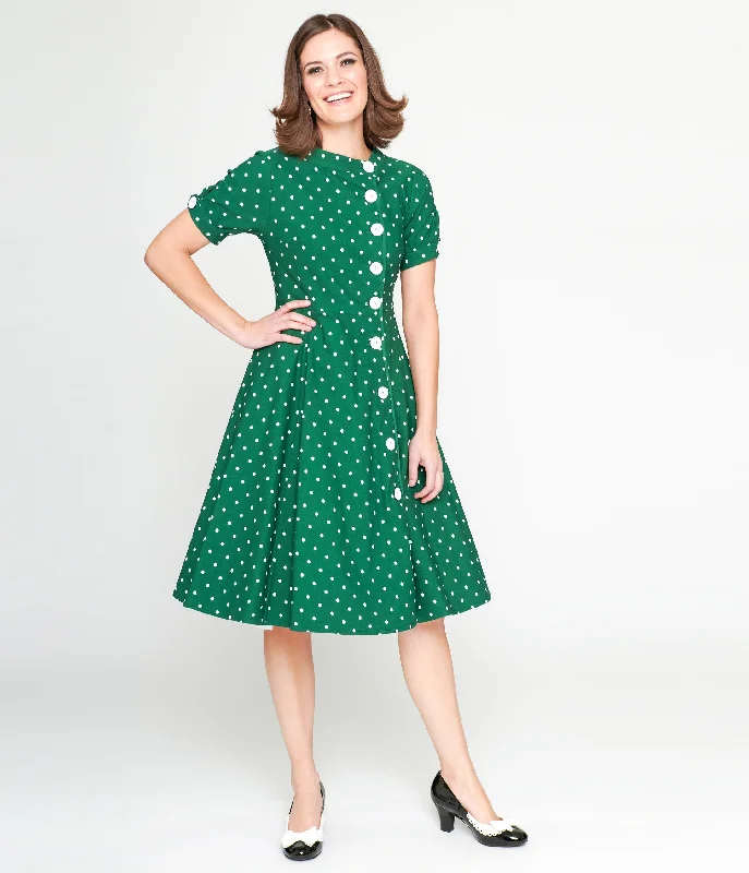 Eco Friendly Fashion Sale Unique Vintage 1950s Green & White Pin Dot Contrast Button Swing Dress