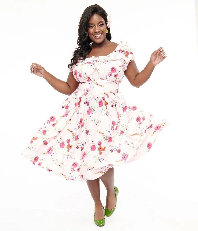From Casual To Classy Unique Vintage Plus Size 1950s Pink Floral Off The Shoulder Ruffle Swing Dress