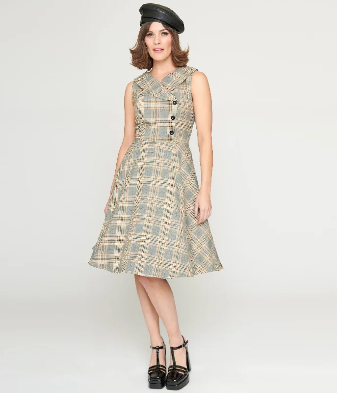 Bold Fashion 1950s Grey Plaid Swing Dress