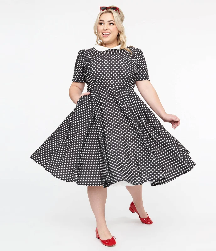 Clothing Sales Plus Size 1950s Black & White Polka Dot Brielle Swing Dress