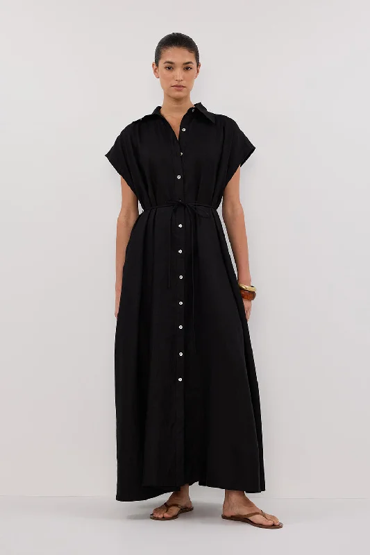 Best Online Boutiques For Women LANA BLACK LINEN MIDI SHIRT DRESS