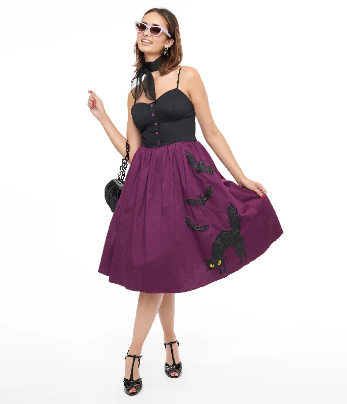 Budget-Friendly Fashion Unique Vintage 1950s Purple & Black Glitter Cat Swing Dress
