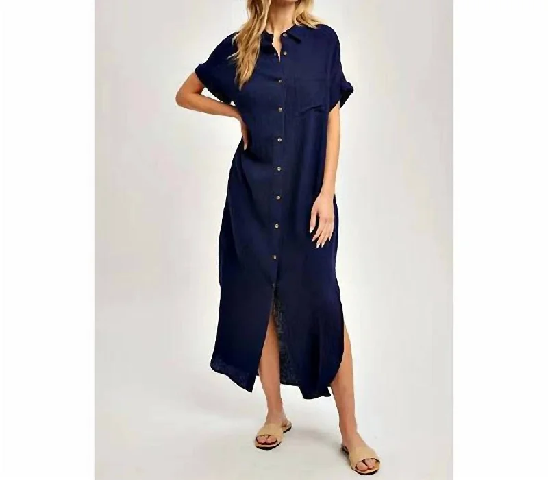 Versatile Wardrobe Essentials Maxi Button Up Shirt Dress With Pocket In Indigo