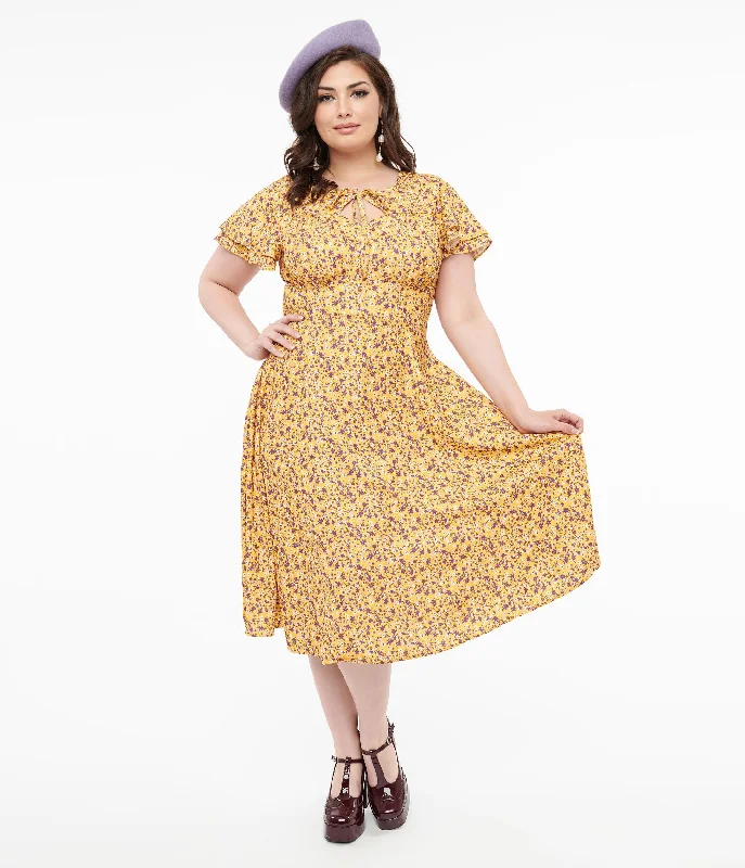 Exclusive Discount Plus Size 1950s Yellow & Purple Floral Capelet Swing Dress