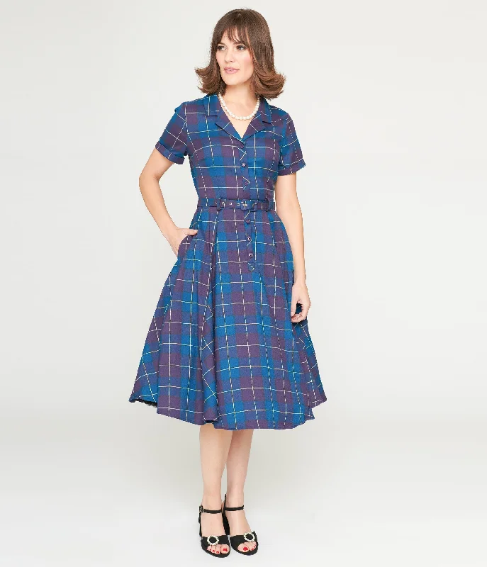 Wardrobe Upgrade Collectif Teal & Purple Checkered Caterina Swing Dress