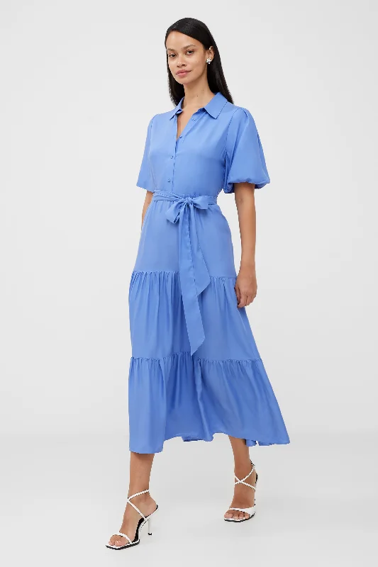 The Latest Trends Puff Sleeve Tiered Midi Shirt Dress