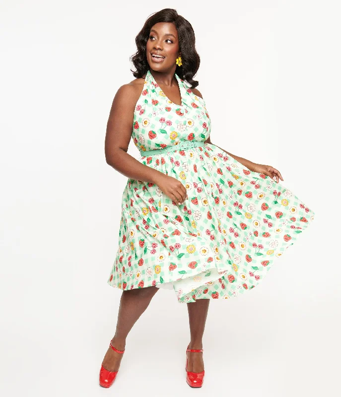 Trendy Urban Attire Unique Vintage Plus Size 1950s Green Gingham Spooky Fruit Print Halter Swing Dress