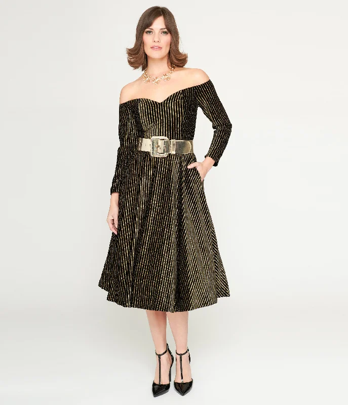 Premium Fashion Collectif Black & Gold Glitter Striped Anjelica Swing Dress