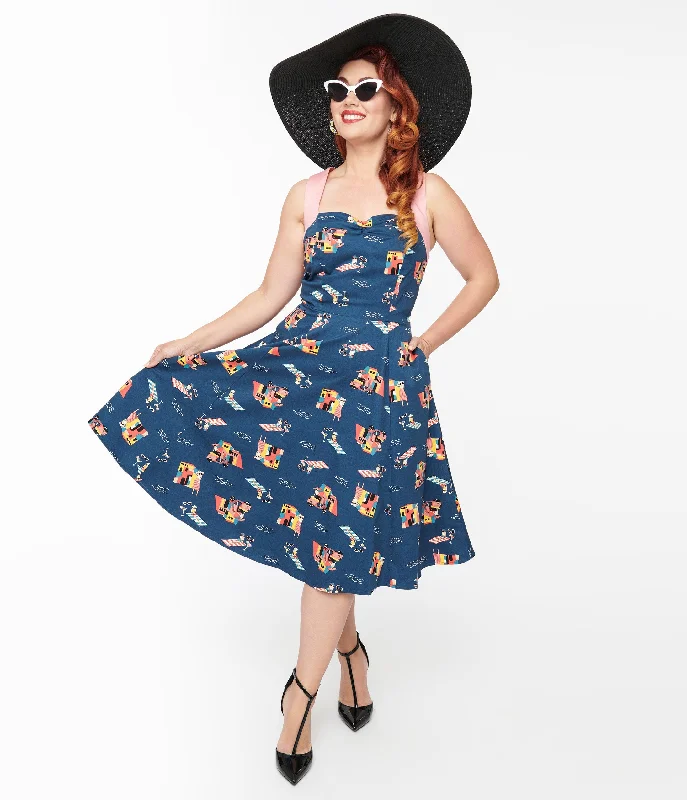 Travel Essentials 1950s Blue Cotton Portofino Living Print Swing Dress