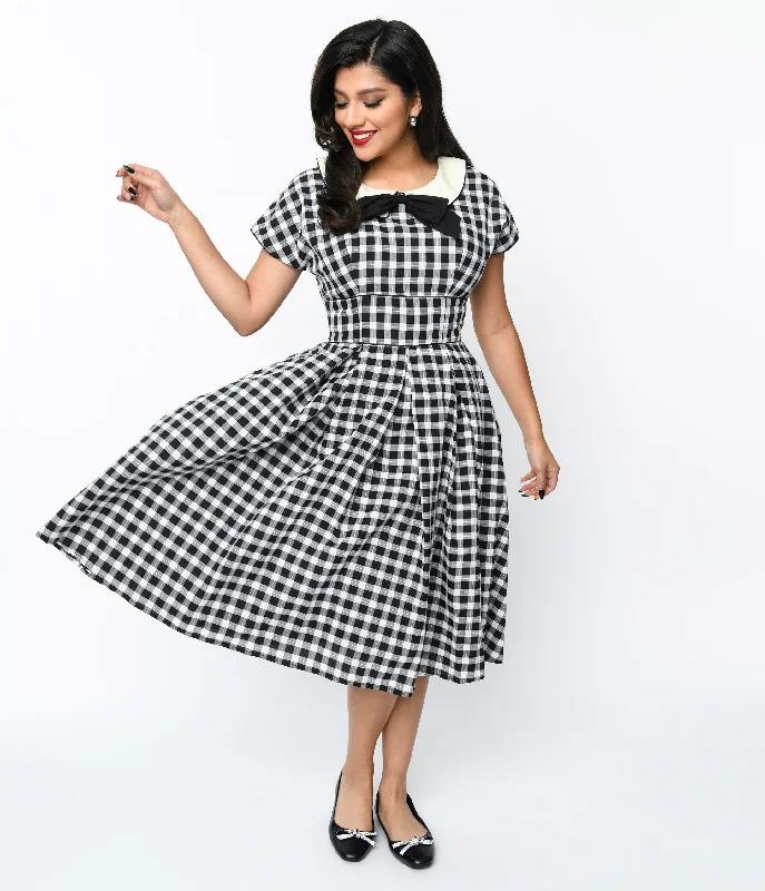 Signature Style Essentials Unique Vintage 1950s White & Black Gingham Swing Dress