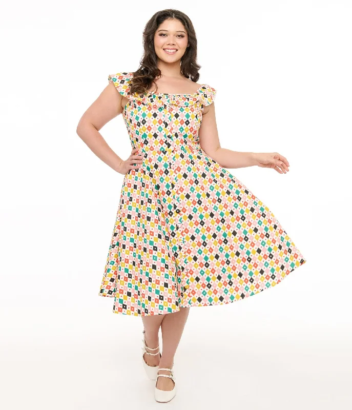 Business Casual Outfits Magnolia Place Plus Size 1950s Multicolor Diamond Print Barbara Swing Dress