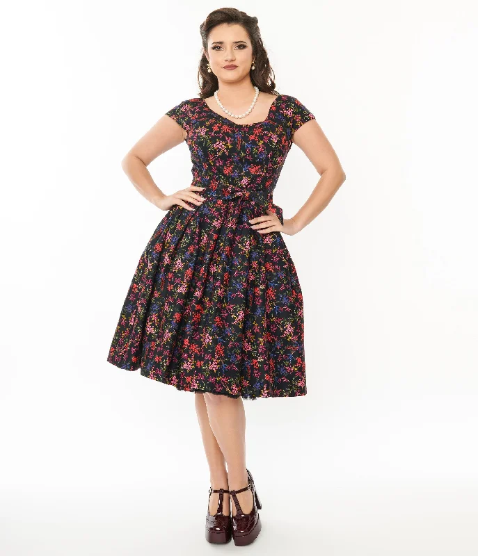 Limited Time Flash Sale Black & Multicolor Floral Nova Swing Dress