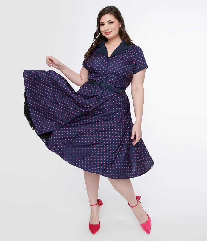 Trend Setting Threads Unique Vintage Plus Size Navy & Hot Pink Dot Alexis Swing Dress