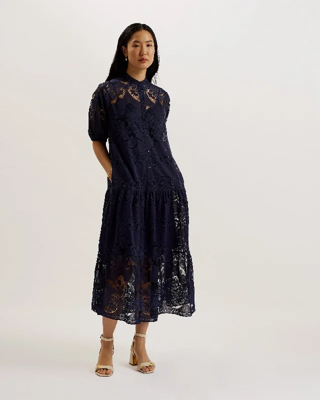 Clothing Store Xativa Laced Midi Shirt Dress With Puff Sleeve Dk-Blue