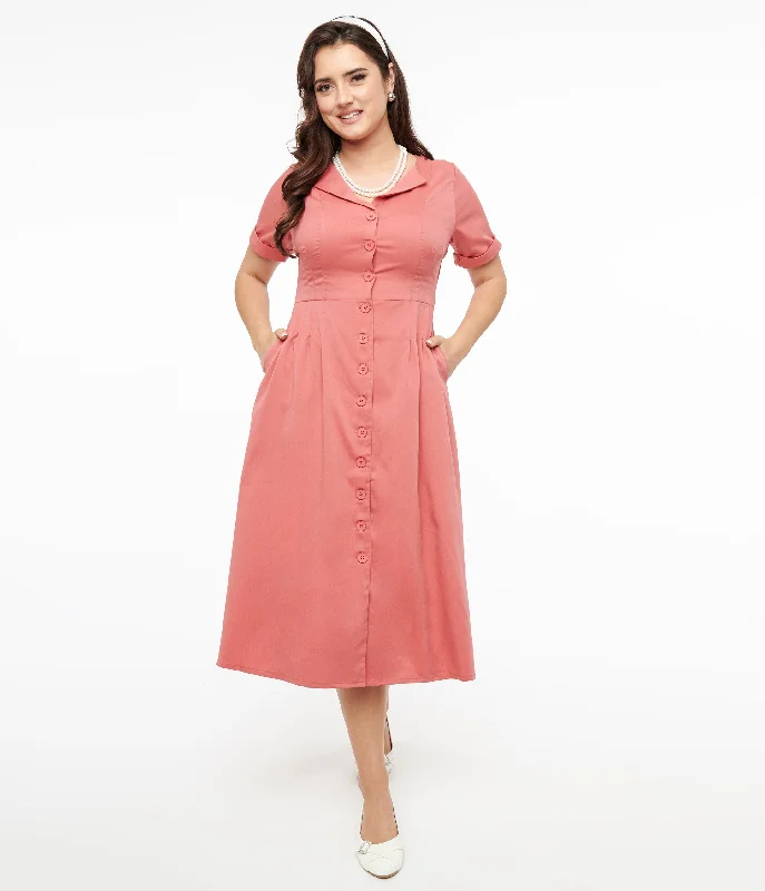 Holiday Special Offers Voodoo Vixen 1940s Pink Midi Shirt Dress