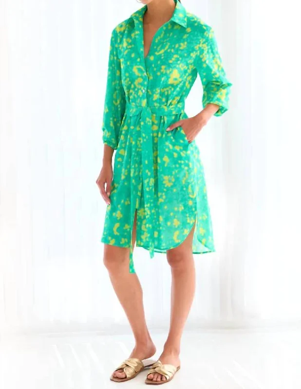 Elevate Your Wardrobe Natalie Shirt Dress In Tropical Green Citrus Meadow