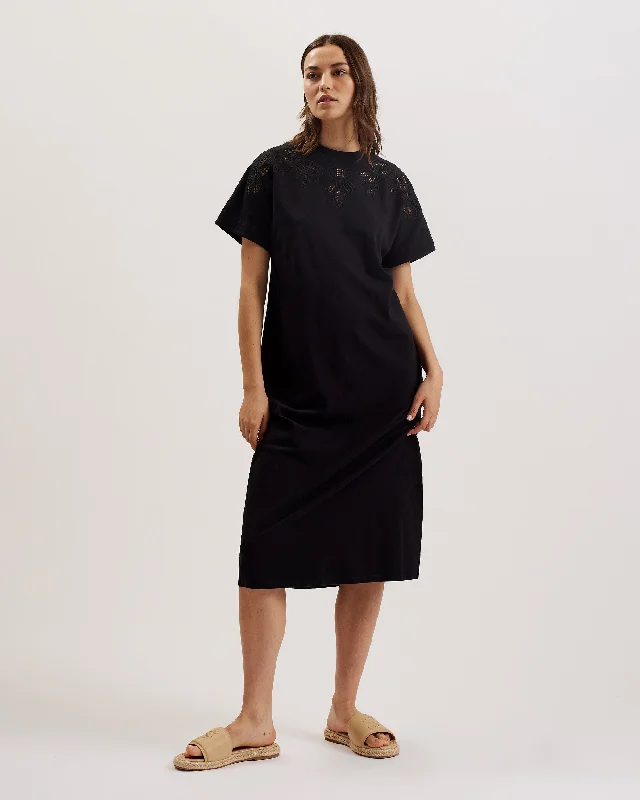 Limited Time Salyha Embroidered Cut Out Midi Tshirt Dress Black