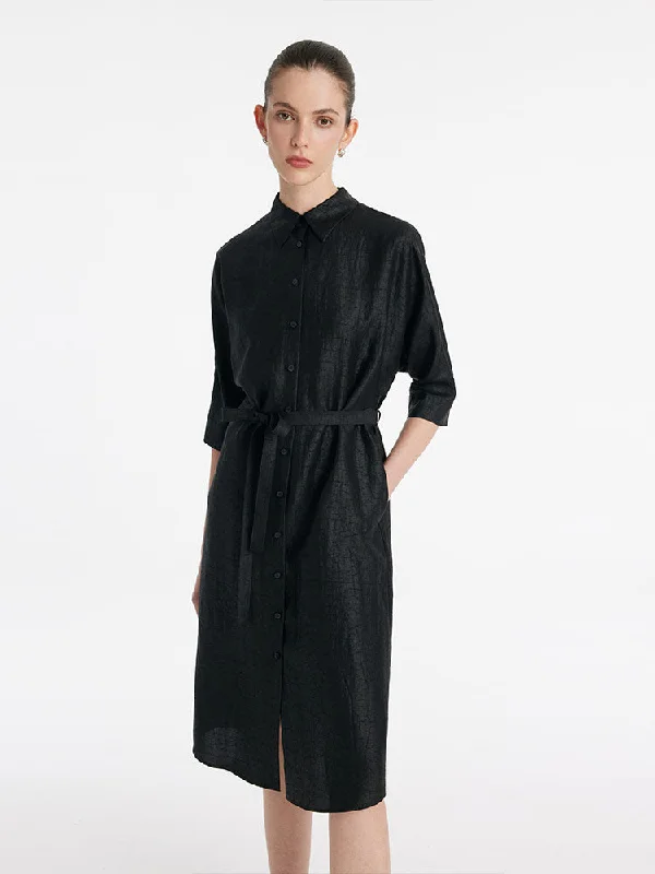 Fashion Women's Clothing 18 Momme Xiang Yun Silk Single-Breasted Women Midi Shirt Dress With Belt