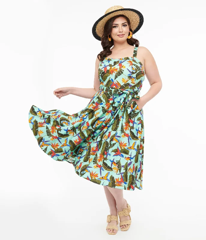 Luxury Fashion Plus Size 1950s Blue & Green Tropical Parrot Print Lori Swing Dress
