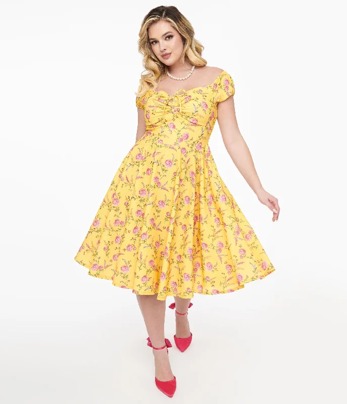 Low Price Special 1950s Yellow & Fuchsia Floral Victoria Swing Dress