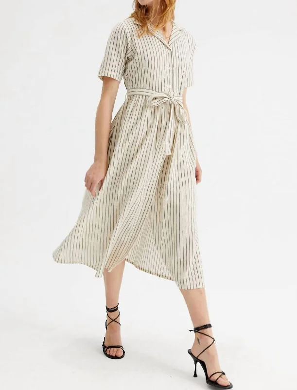Trend Forward Women's Wear Striped Midi Shirt Dress In Cream