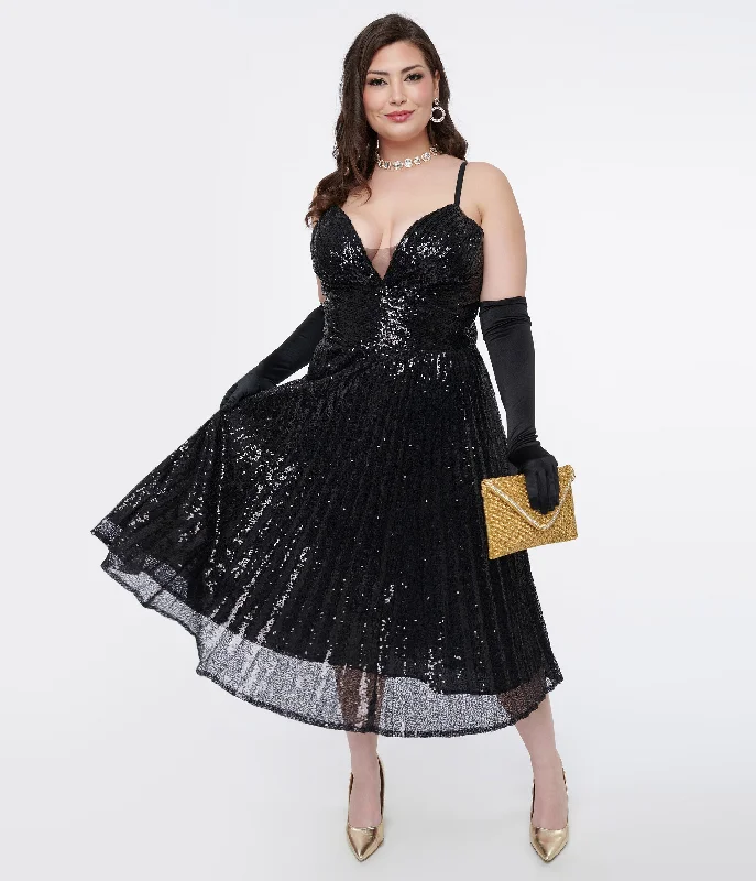 Limited Time Special Offer Unique Vintage Plus Size 1950s Black Pleated Sequin Swing Dress