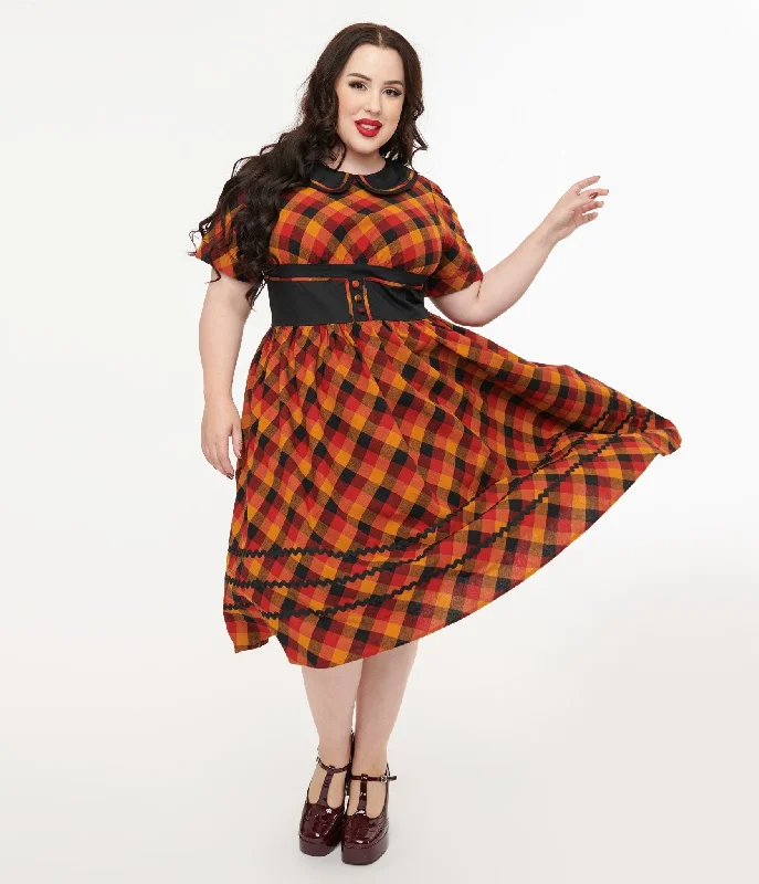 The Latest Fashion Trends Unique Vintage Plus Size 1950s Orange & Red Plaid Peter Pan Collar Swing Dress