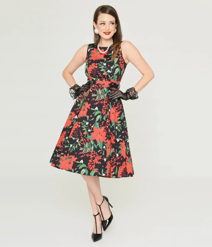 Women's Online Boutique Black & Red Poinsettia Swing Dress