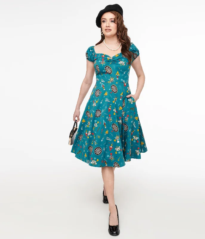 New Arrival Discount 1950s Teal Dart Board Keep Em Flying Cotton Swing Dress
