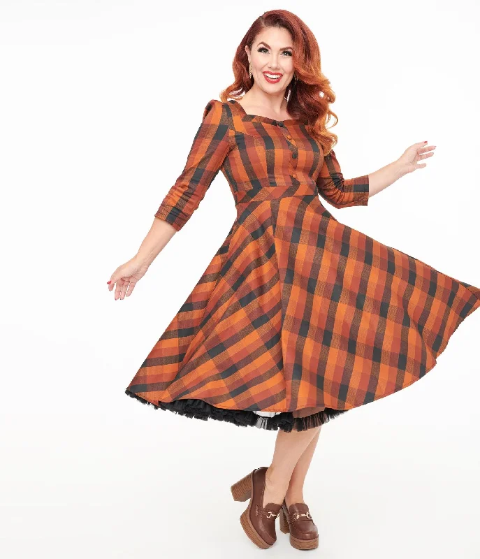 Clearance Event Hearts & Roses Brown & Orange Check Caitlin Swing Dress