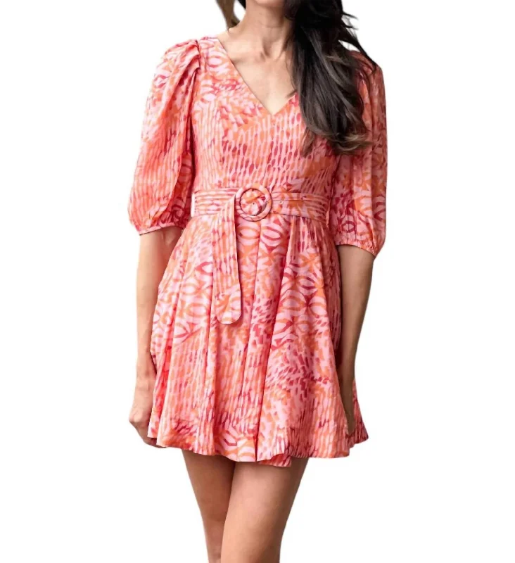 Big Savings Belted Print Dress In Pink/orange