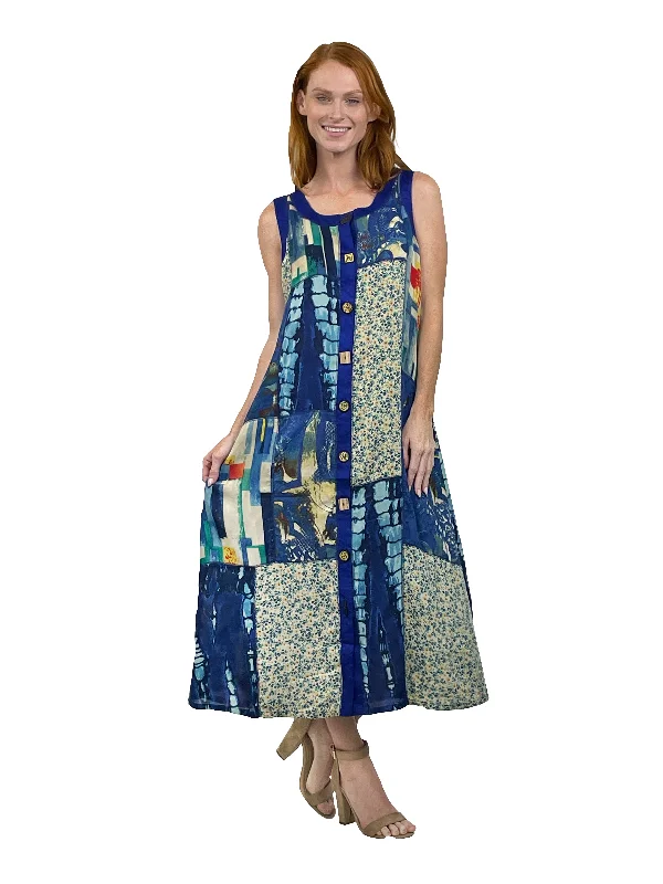 Budget Saver Sleeveless Print Dress with Novelty Buttons