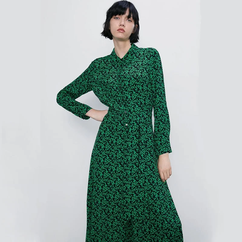 Online Boutiques Trendy 2019 Summer/Autumn ZA Printing Dress Women Long Bohemian Korean Green Print Dress Friends/Girls Gifts Beach Party Newest