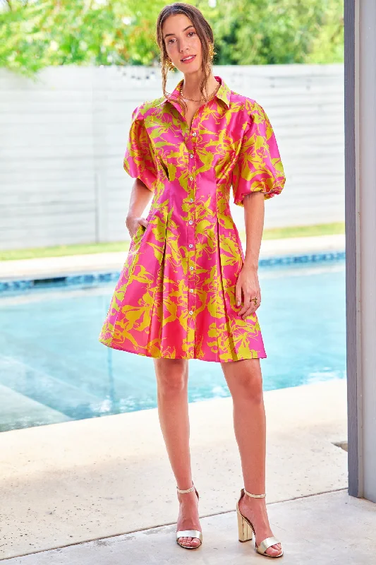 Bold Fashion Alicia Tucked Waist Shirt Dress Pink/Citron Jacquard