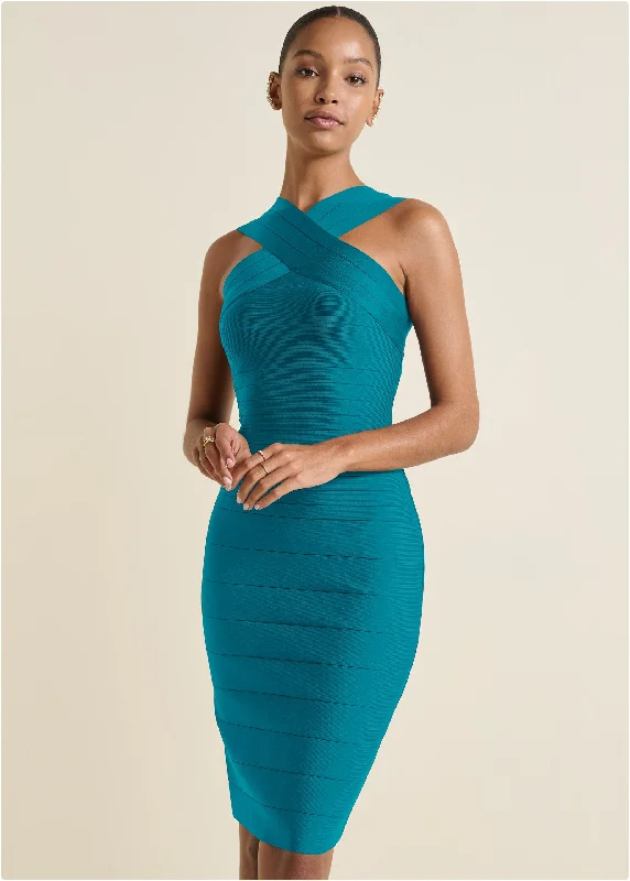 Women's Everyday Garments Cross-Neck Bandage Dress - Teal