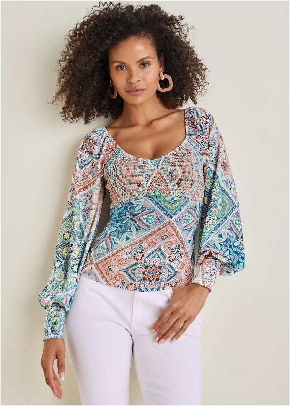 Vintage-Inspired Garments Smocked Printed Top - Boho Tile